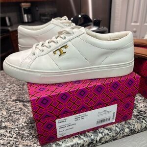 Tory Burch White Leather Amalia Sneaker with Gold Logo Accent